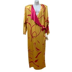 Vintage‎ Flora Kung Bright Retro Print Hollywood Glam Silky Satin Dress NEW NOS